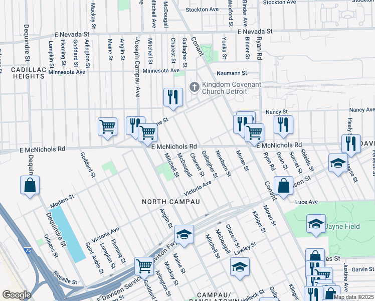 map of restaurants, bars, coffee shops, grocery stores, and more near 13975 Charest Street in Hamtramck