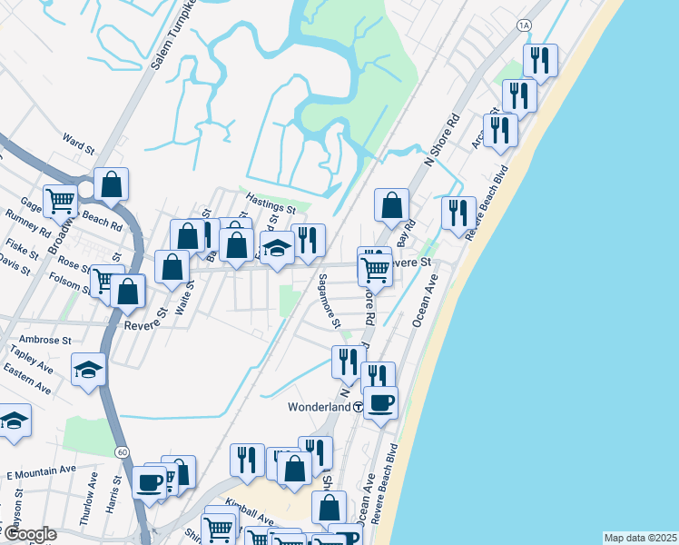 map of restaurants, bars, coffee shops, grocery stores, and more near 489 Revere Street in Revere