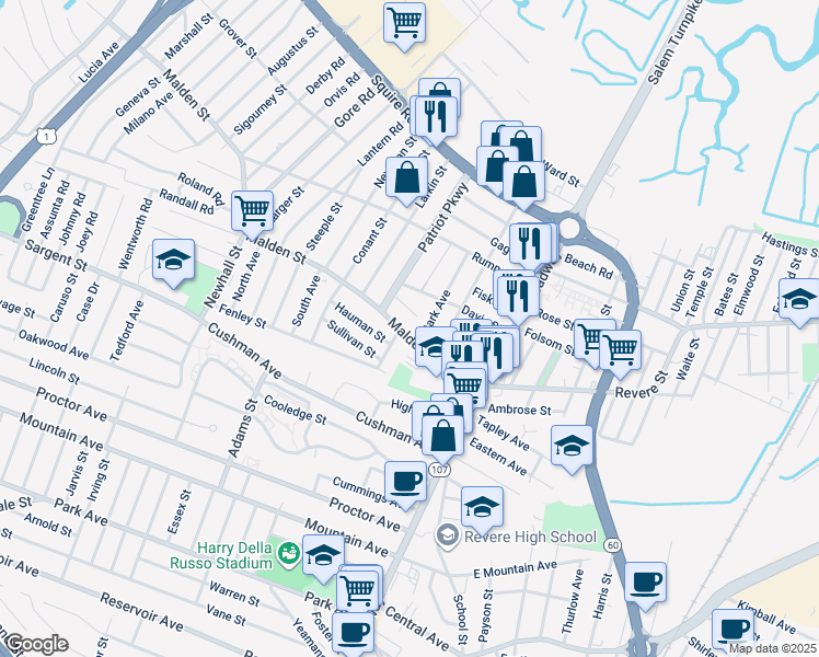 map of restaurants, bars, coffee shops, grocery stores, and more near 126 Malden Street in Revere