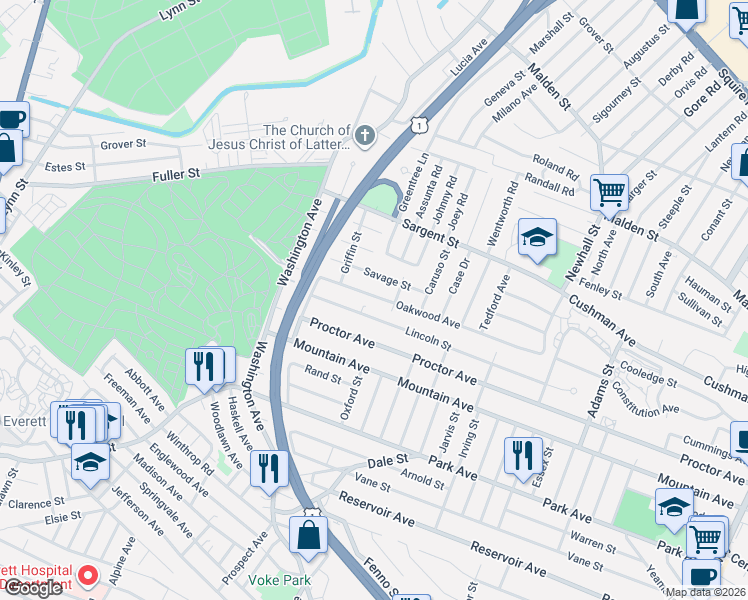 map of restaurants, bars, coffee shops, grocery stores, and more near 120 Oakwood Avenue in Revere