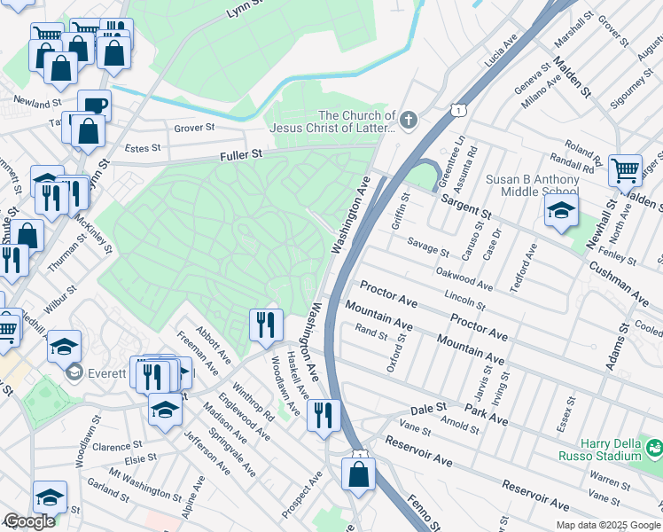 map of restaurants, bars, coffee shops, grocery stores, and more near 233 Washington Avenue in Revere