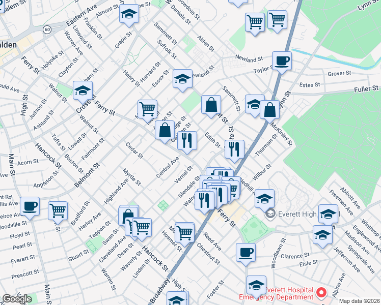 map of restaurants, bars, coffee shops, grocery stores, and more near 9 Rock Valley Avenue in Everett