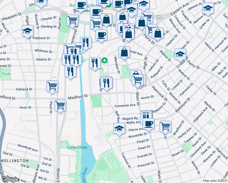 map of restaurants, bars, coffee shops, grocery stores, and more near 29 Brackenbury Street in Malden