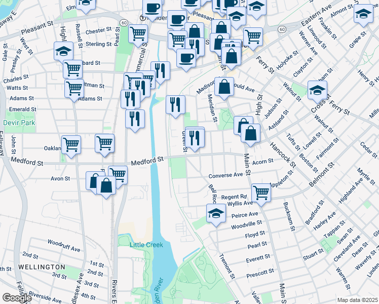 map of restaurants, bars, coffee shops, grocery stores, and more near 14 Berry Street in Malden