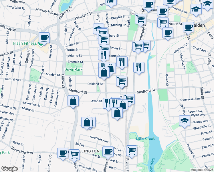 map of restaurants, bars, coffee shops, grocery stores, and more near 42 Oakland Street in Malden