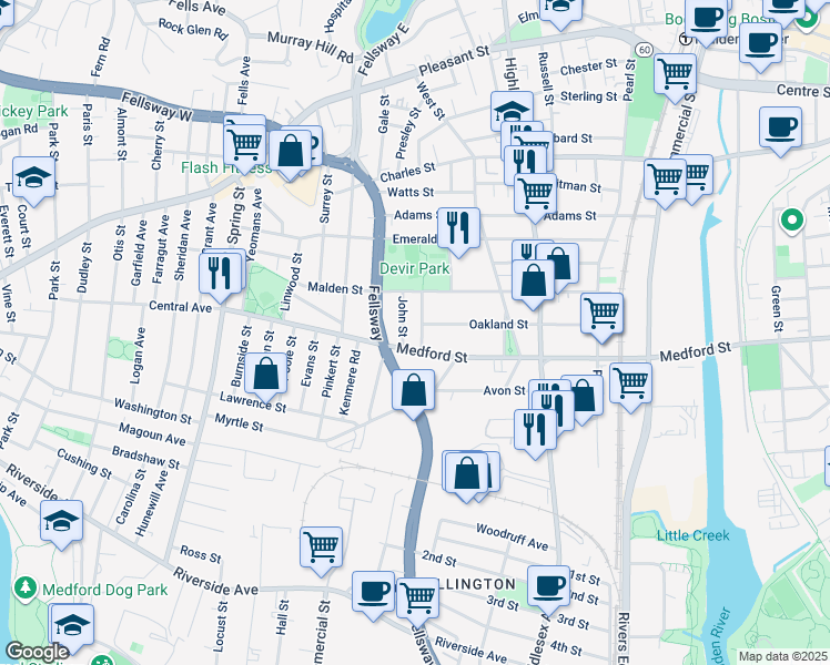 map of restaurants, bars, coffee shops, grocery stores, and more near 36-38 John Street in Malden