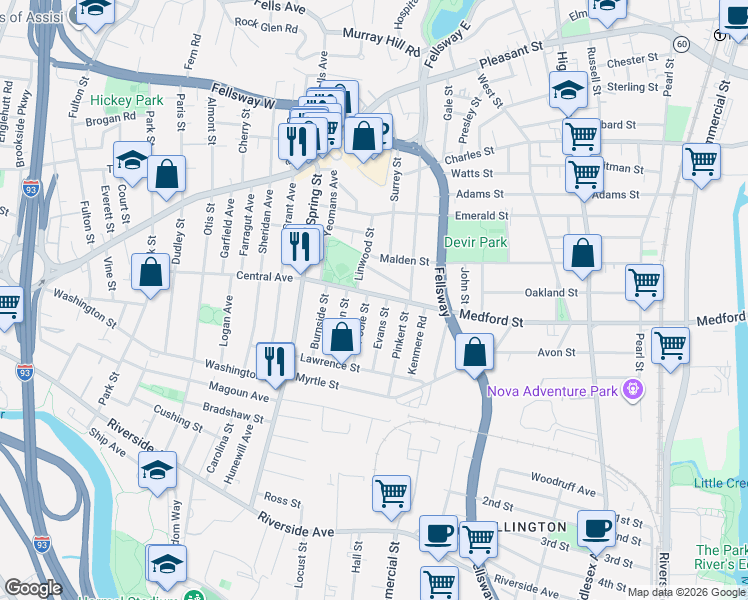 map of restaurants, bars, coffee shops, grocery stores, and more near 171 Central Avenue in Medford