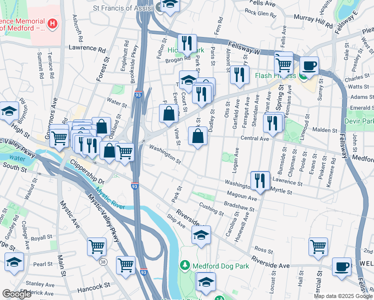 map of restaurants, bars, coffee shops, grocery stores, and more near in Medford