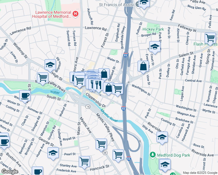 map of restaurants, bars, coffee shops, grocery stores, and more near in Medford