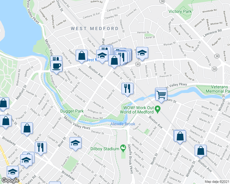 map of restaurants, bars, coffee shops, grocery stores, and more near 89 Boston Avenue in Medford