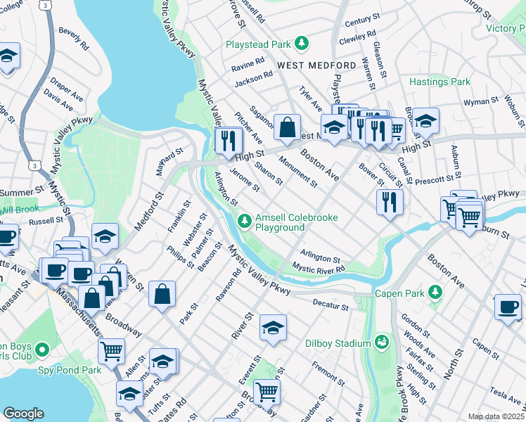 map of restaurants, bars, coffee shops, grocery stores, and more near 44 Fairfield Street in Medford