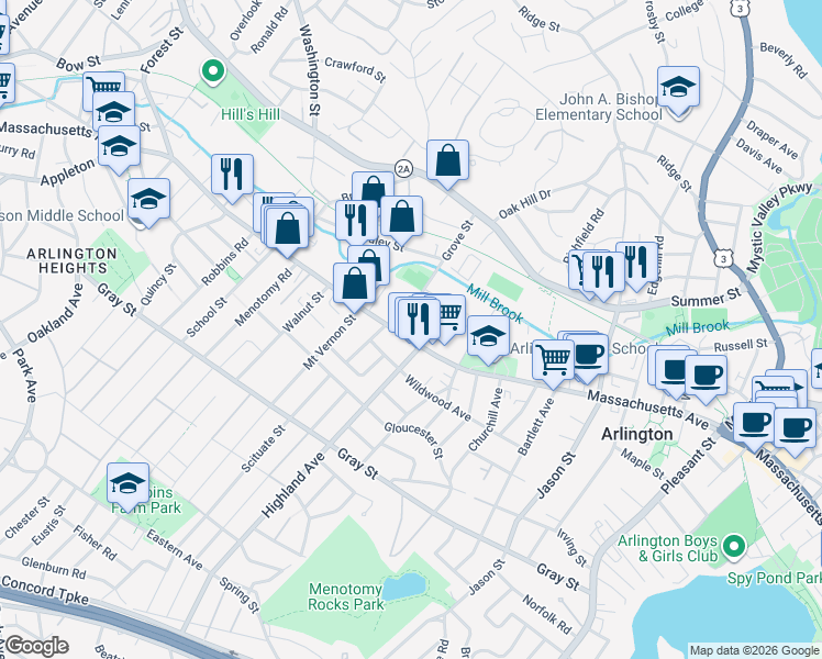 map of restaurants, bars, coffee shops, grocery stores, and more near 935 Massachusetts Avenue in Arlington