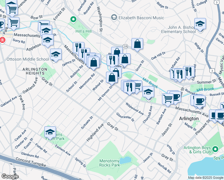 map of restaurants, bars, coffee shops, grocery stores, and more near 10 Mount Vernon Street in Arlington