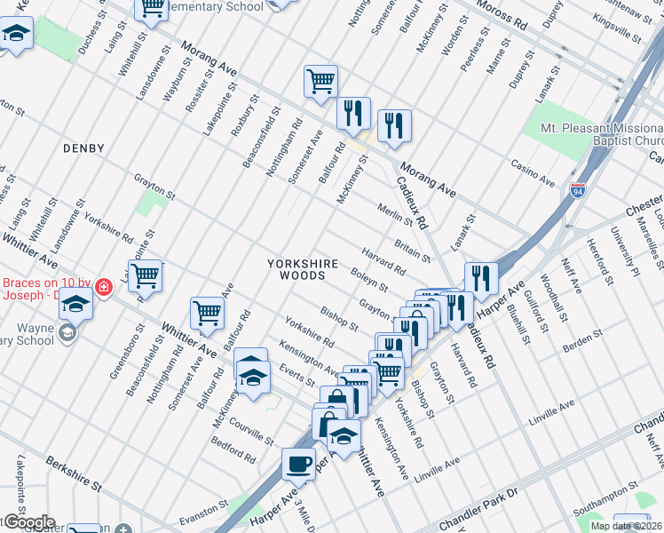 map of restaurants, bars, coffee shops, grocery stores, and more near 10414 McKinney Street in Detroit