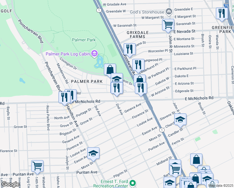 map of restaurants, bars, coffee shops, grocery stores, and more near 361 Merton Road in Highland Park