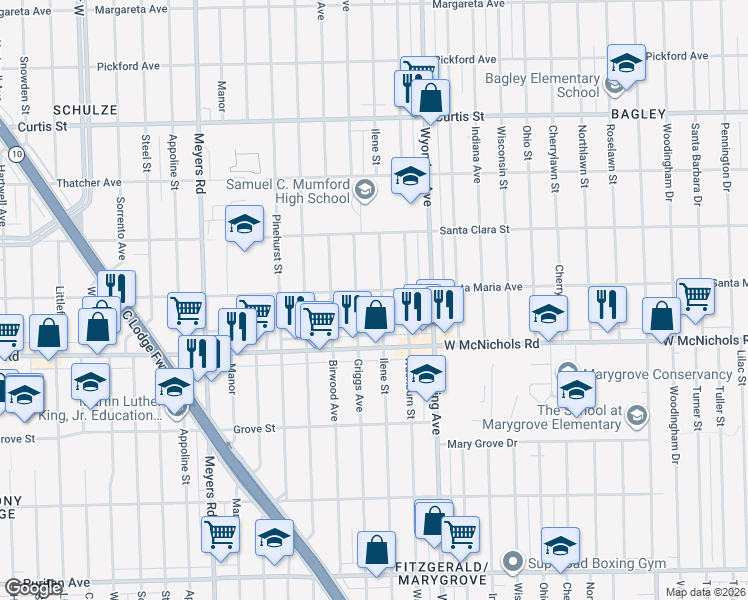map of restaurants, bars, coffee shops, grocery stores, and more near 17211 Ilene Street in Detroit
