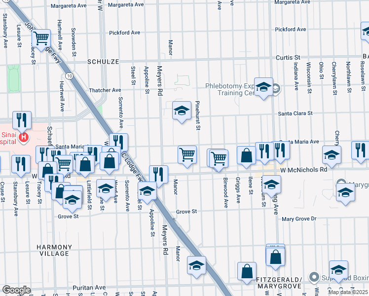 map of restaurants, bars, coffee shops, grocery stores, and more near 10700 Santa Maria Avenue in Detroit