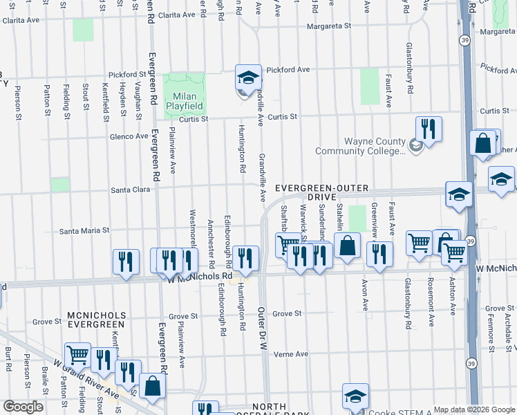 map of restaurants, bars, coffee shops, grocery stores, and more near 17365 Grandville Avenue in Detroit