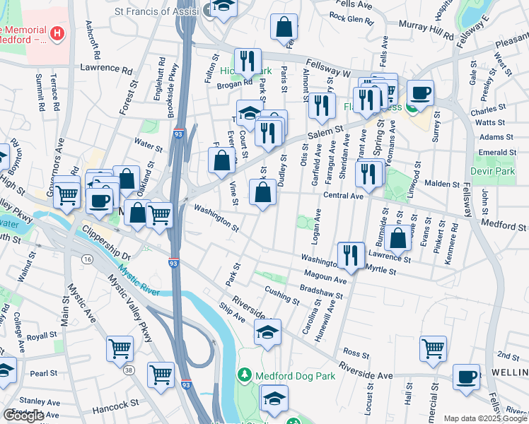map of restaurants, bars, coffee shops, grocery stores, and more near 107 Park Street in Medford