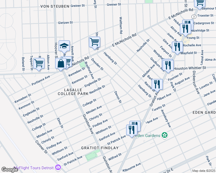 map of restaurants, bars, coffee shops, grocery stores, and more near 12070 Nashville Street in Detroit