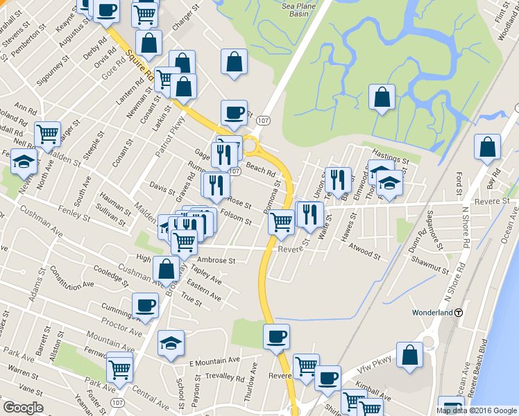 map of restaurants, bars, coffee shops, grocery stores, and more near 90 Rose Street in Revere