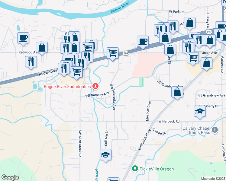 map of restaurants, bars, coffee shops, grocery stores, and more near Southwest Ramsey Avenue in Grants Pass