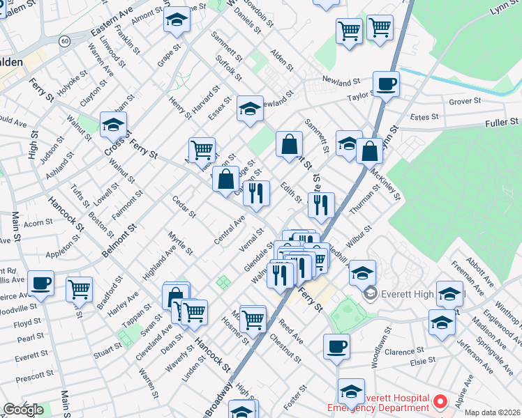 map of restaurants, bars, coffee shops, grocery stores, and more near 9 Rock Valley Avenue in Everett