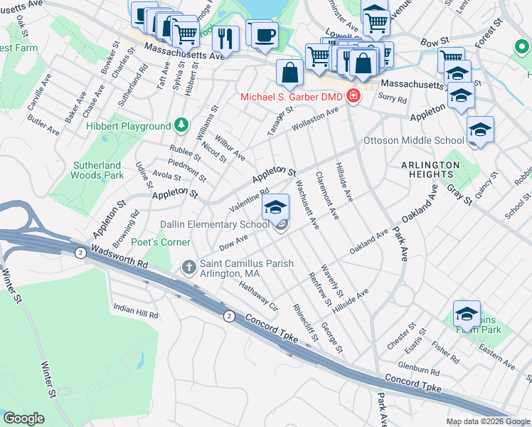 map of restaurants, bars, coffee shops, grocery stores, and more near 60 Dow Avenue in Arlington
