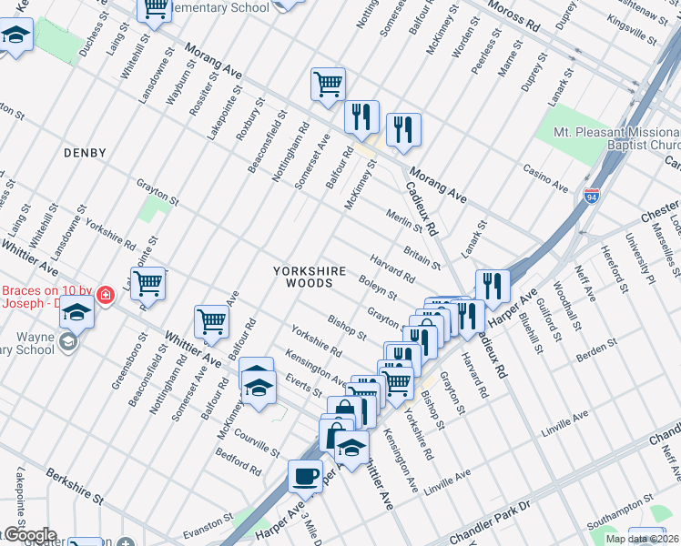 map of restaurants, bars, coffee shops, grocery stores, and more near 10414 McKinney Street in Detroit