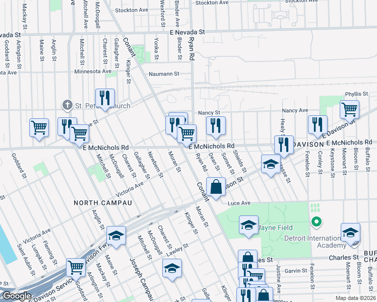 map of restaurants, bars, coffee shops, grocery stores, and more near 3800 East McNichols Road in Hamtramck