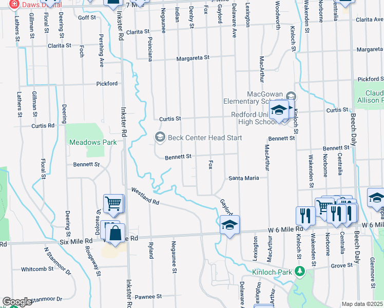 map of restaurants, bars, coffee shops, grocery stores, and more near 17601 Denby in Redford Charter Township