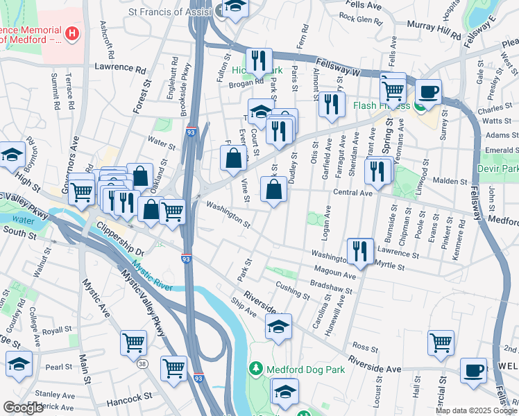 map of restaurants, bars, coffee shops, grocery stores, and more near in Medford