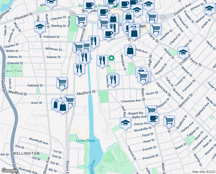 map of restaurants, bars, coffee shops, grocery stores, and more near Green Street in Malden