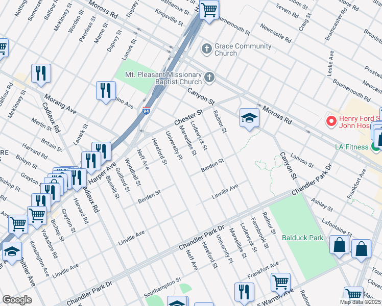 map of restaurants, bars, coffee shops, grocery stores, and more near 6183 Marseilles Street in Detroit