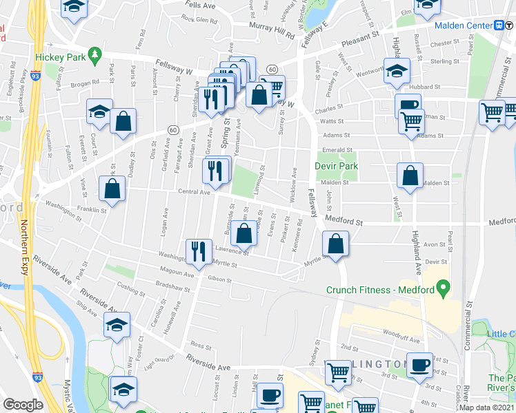 map of restaurants, bars, coffee shops, grocery stores, and more near 171 Central Avenue in Medford