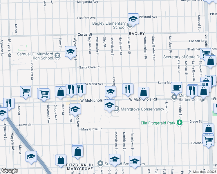 map of restaurants, bars, coffee shops, grocery stores, and more near 17194 Ohio Street in Detroit