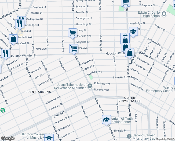 map of restaurants, bars, coffee shops, grocery stores, and more near 14426 Wilfred Street in Detroit