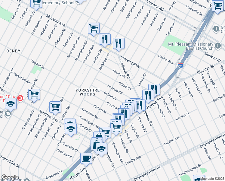 map of restaurants, bars, coffee shops, grocery stores, and more near 9313 Harvard Road in Detroit