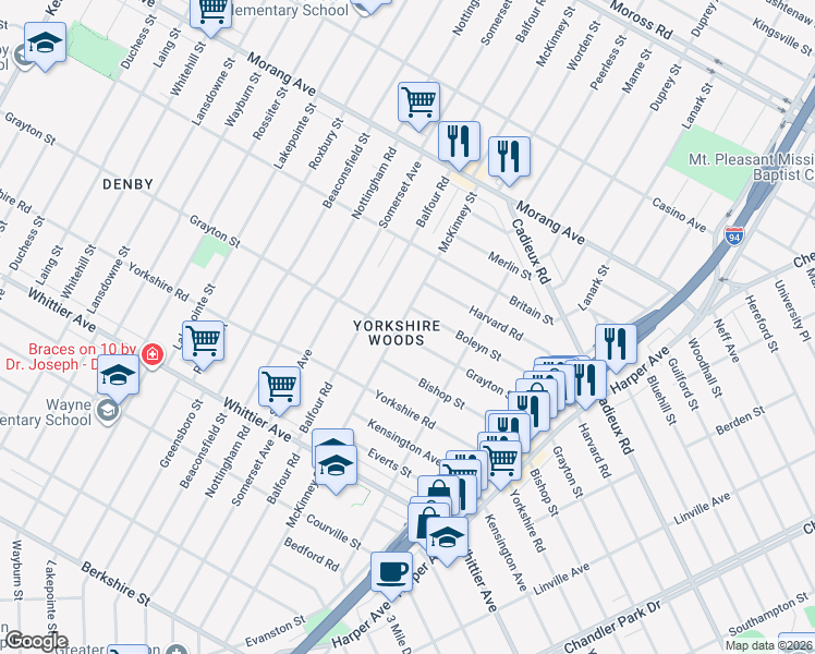 map of restaurants, bars, coffee shops, grocery stores, and more near 10414 McKinney Street in Detroit