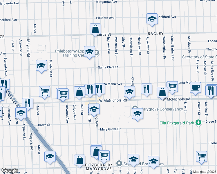 map of restaurants, bars, coffee shops, grocery stores, and more near 17201 Indiana Street in Detroit