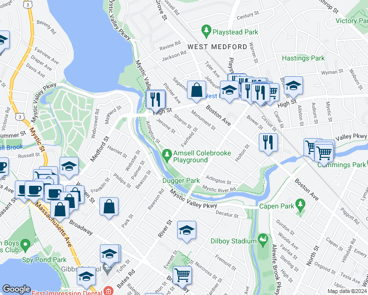 map of restaurants, bars, coffee shops, grocery stores, and more near 44 Fairfield Street in Medford
