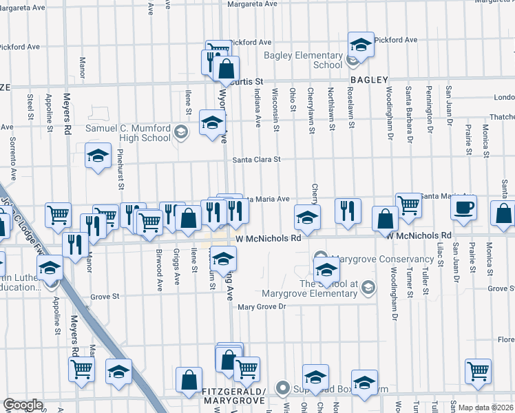 map of restaurants, bars, coffee shops, grocery stores, and more near 17201 Indiana Street in Detroit