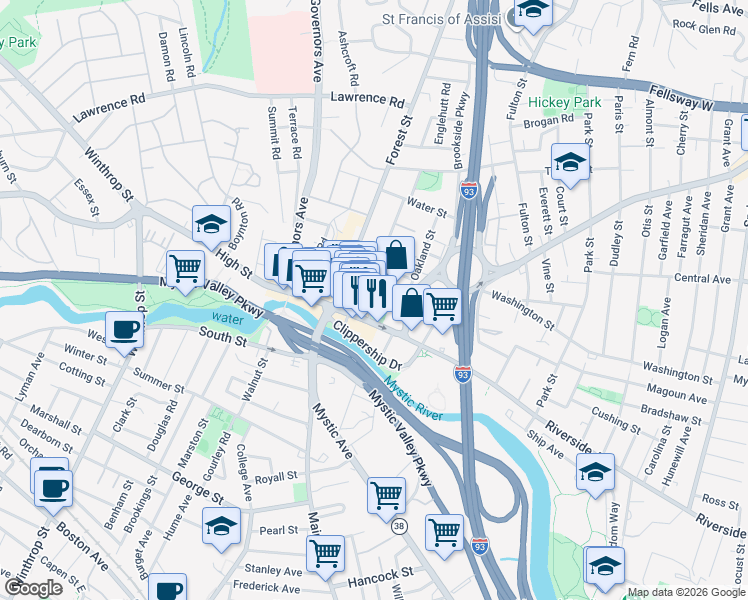 map of restaurants, bars, coffee shops, grocery stores, and more near 58 Salem Street in Medford