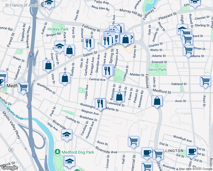 map of restaurants, bars, coffee shops, grocery stores, and more near 160 Spring Street in Medford