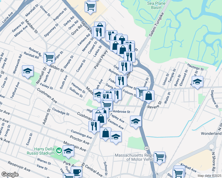 map of restaurants, bars, coffee shops, grocery stores, and more near 42 Davis Street in Revere