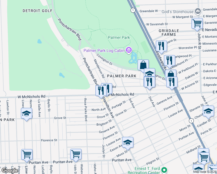 map of restaurants, bars, coffee shops, grocery stores, and more near Merton Rd & Manderson Rd in Detroit