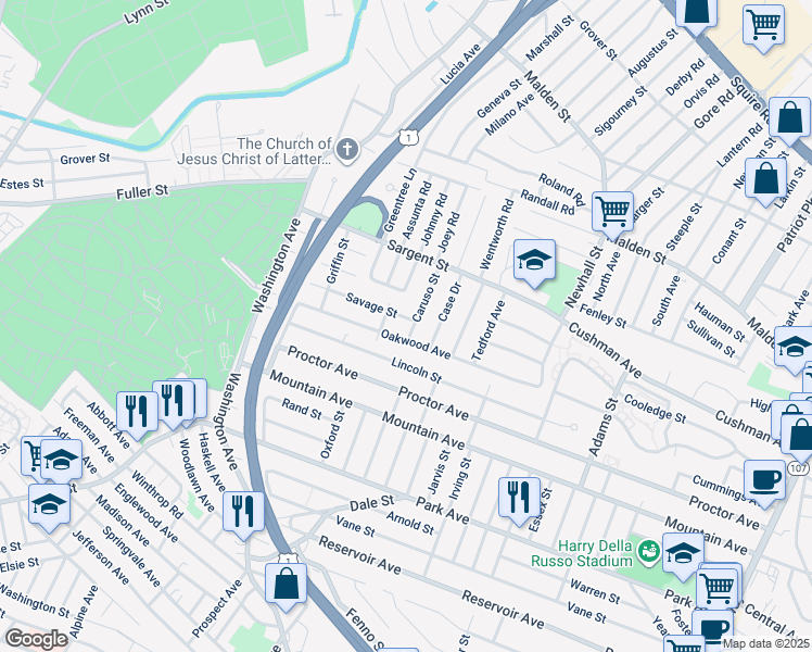 map of restaurants, bars, coffee shops, grocery stores, and more near 73 Caruso Street in Revere