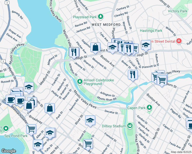 map of restaurants, bars, coffee shops, grocery stores, and more near 84 Jerome Street in Medford