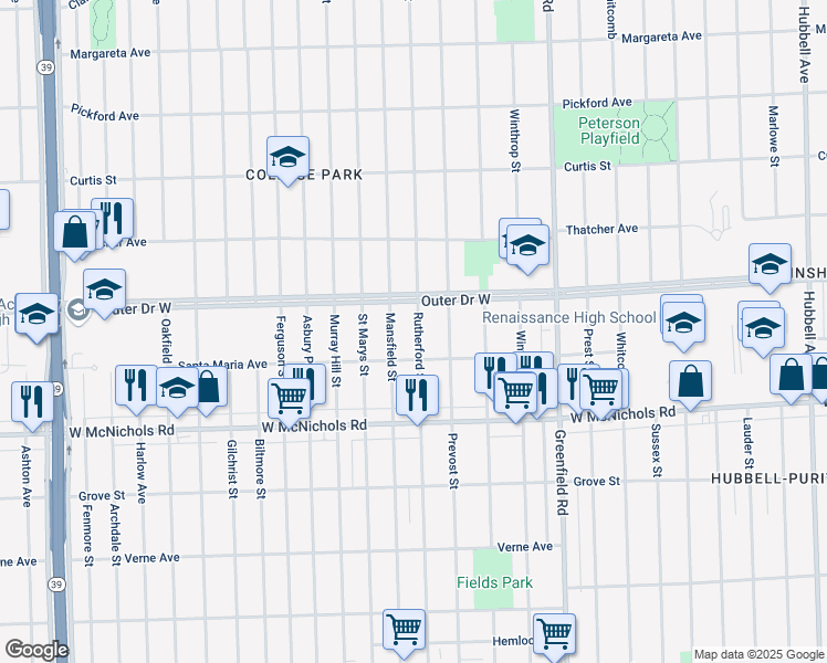 map of restaurants, bars, coffee shops, grocery stores, and more near 17351 Rutherford St in Detroit