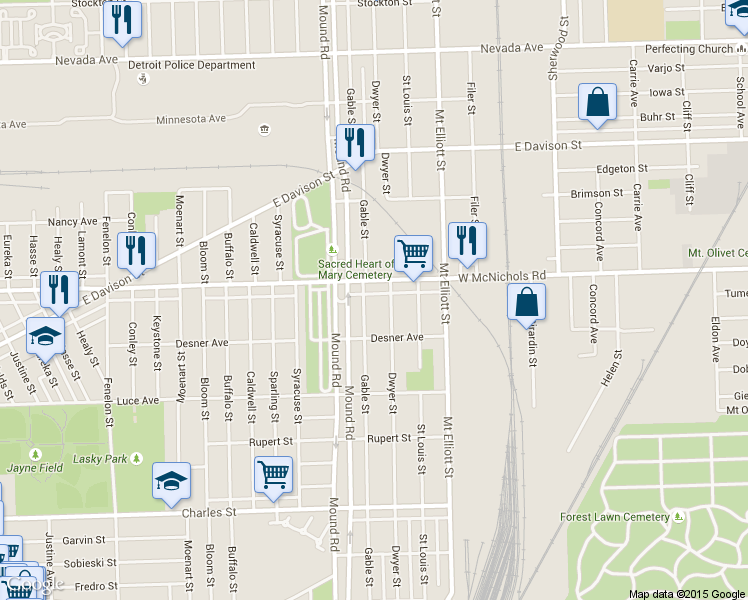 map of restaurants, bars, coffee shops, grocery stores, and more near 13784 Gable Street in Hamtramck